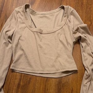 Tan Ribbed Long Sleeve Crop Top